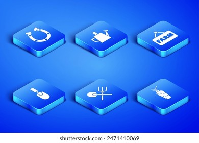 Set Carrot, Horseshoe, Shovel and rake, Garden trowel spade shovel, Watering can and Signboard with text Farm icon. Vector