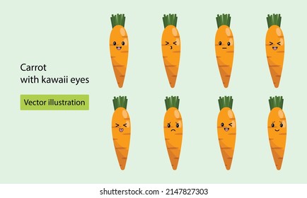 Set Carrot with kawaii eyes. Flat design vector illustration of carrot on green background