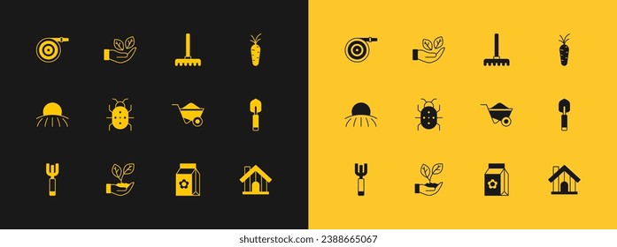 Set Carrot, Leaf in hand, Wheelbarrow, Pack full of seeds, Colorado beetle, Garden rake, hose and  icon. Vector