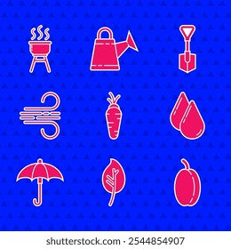 Set Carrot, Leaf or leaves, Plum fruit, Water drop, Umbrella, Wind, Shovel and Barbecue grill icon. Vector