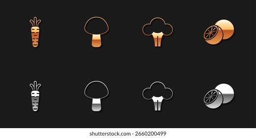 Conjunto de zanahoria, champiñón, brócoli y fruta de naranja icono. Vector
