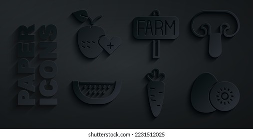 Set Carrot, Mushroom, Watermelon, Kiwi fruit, Location farm and Healthy icon. Vector