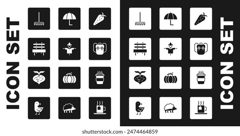 Set Carrot, Scarecrow, Bench, Garden rake, School backpack, Umbrella, Coffee cup to go and Beet icon. Vector