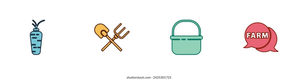 Set Carrot, Shovel and rake, Basket and Speech bubble with Farm icon. Vector