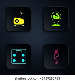 Set Carrot, Stationary bicycle, Bathroom scales and Bodybuilder muscle. Black square button. Vector