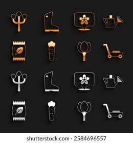 Set Carrot, Watering can, Lawn mower, Flower tulip, Fertilizer bag, Location with flower, Blossom tree branch and Rubber gloves icon. Vector