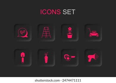 Set Carrot, Wooden staircase, Leaf, garden blower, Lawn mower, Garden hose, Flower in pot and trowel spade or shovel icon. Vector