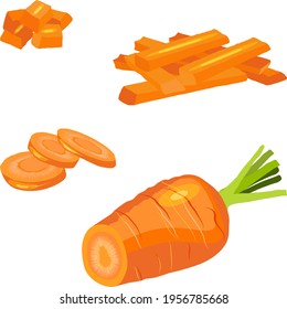 Set of carrots cartoon style. Half carrot, slice carrot. Diced carrots. Carrots, cut into strips. Fresh organic and healthy, vegetarian vegetables. Vector illustration isolated on white background.