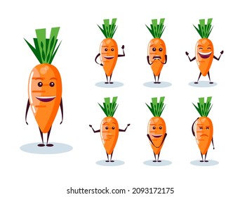  Set of carrots - character and emotions. Anthropomorphic hero. Vector illustration in cartoon style.