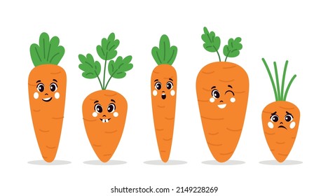 Set of carrots. Collection of natural and organic vegetables, stickers for social networks and icons for childrens website. Cute characters to print on clothes. Cartoon flat vector illustration