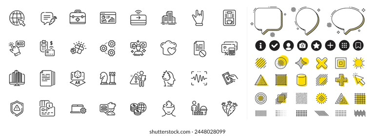 Set of Carrots, First aid and Gift line icons for web app. Design elements, Social media icons. Pos terminal, Buildings, Gears icons. Social media, Voice wave, Internet signs. Vector