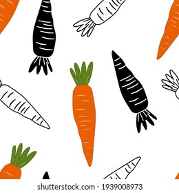 Juego de zanahorias en un fondo blanco. Patrón transparente de verduras para telas, productos textiles de cocina, restaurantes, papel envasado en supermercados. Gráficos vectoriales.