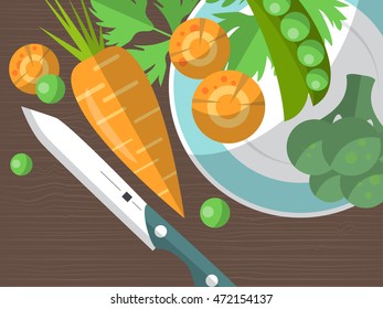 Set of carrots, peas, broccoli, plates and knife on the table. Vector illustration