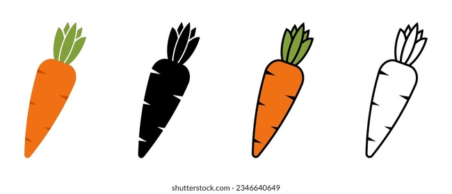 Conjunto de iconos vectoriales de zanahorias. zanahoria fresca naranja y negra. Alimentos vegetarianos y saludables. Vector 10 Eps.