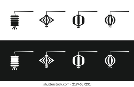 Set of carrying lanterns flat icon for web. Hanging lantern sign web icon silhouette with invert color. Lanterns with stick solid black icon vector design. Mid-Autumn Festival or Moon Festival concept