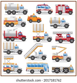 Set of cars for the airfield. Side view. Isolated on white background. Vector illustration.
