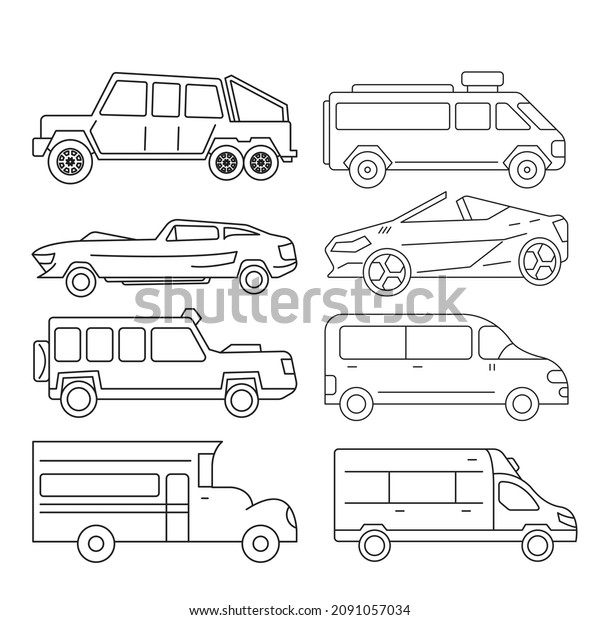 set of cars, ambulance cars,\
fire cars, police car, High speed drive vehicle. Graphic element\
black and white illustrations coloring page for book and\
drawing.