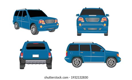 Set of cars in blue color isolated on white background, Vector illustration.
