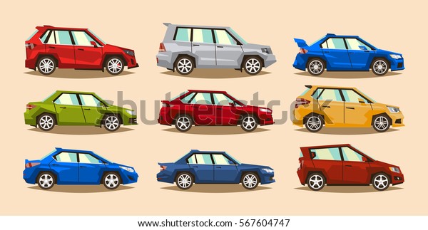 Set of cars. Collection\
vehicle. Sedan, hatchback, roadster, SUV. The image of toy\
machines. Isolated objects on a white background. Vector\
illustration. Flat style 