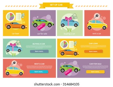 Set of cars concepts. Car loan approved document with dollars money. Buying car concept. Gift car and red ribbon with dollars money. Car sale. Rent a car concept in flat design