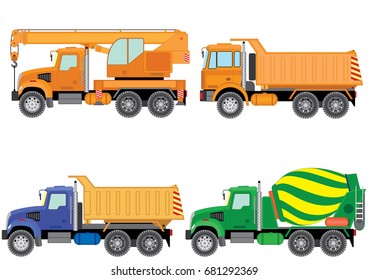 Set of cars for construction works. Easily edited realistic template isolated on a white background
