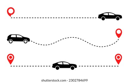 Conjunto de rutas discontinuas de coches. Distancia de principio a fin. El coche de la ubicación. Vía de transporte. Punto de anclaje en el mapa.