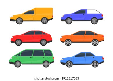 Set of cars of different colors. A large set of different automobile models on white background. Urban, city cars and vehicles transport. Flat vector illustration, icon for graphic and web design.