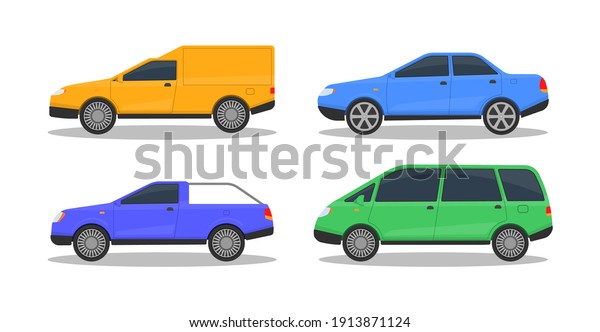 Set of cars of different colors. A large set of\
different automobile models on white background. Urban, city cars\
and vehicles transport. Flat vector illustration, icon for graphic\
and web design.