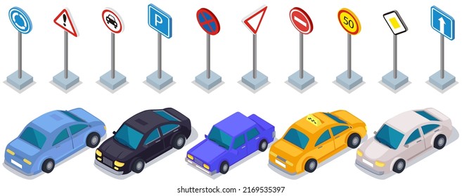 Set of cars and different road signs. Technical means of road safety, standardized graphic pattern for traffic control. Colored automobiles, vehicles near traffic signs isolated on white background