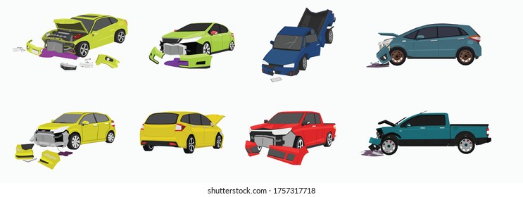 Set of cars in different situations. Car accident on road. The front incident was badly damaged.