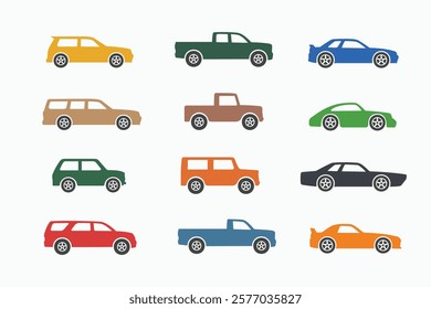 Set of cars in different types. Sport car, sedan, SUV, Pickup, Hatchback. Simple flat side view car vector illustration