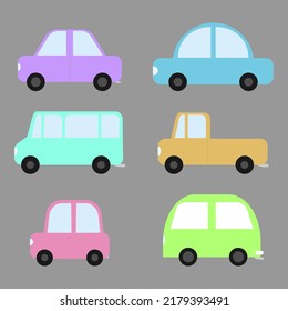 Set of cars. Flat collection of transport. Primitive automobile, mini, truck, bus. Simple vector illustration. Minimalist design