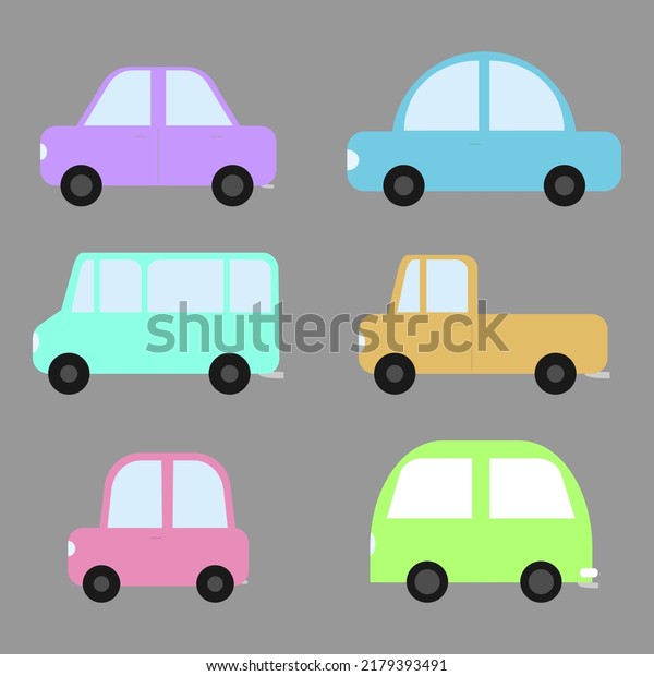 Set of cars. Flat collection of transport.\
Primitive automobile, mini, truck, bus. Simple vector illustration.\
Minimalist design