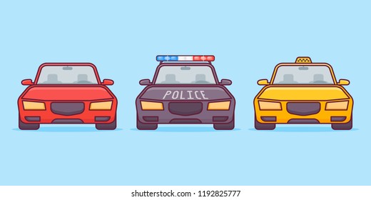 Set of cars flat line icons on blue background. Sport, police and taxi cars. Vector illustration.