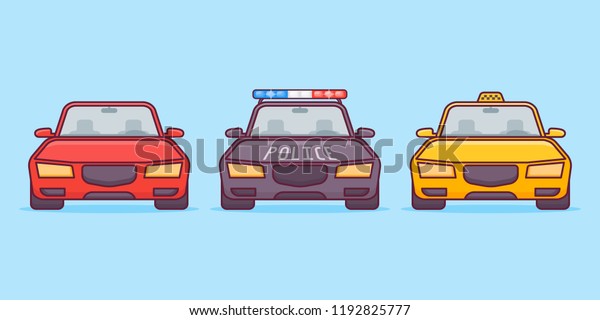 Set of cars flat line icons on\
blue background. Sport, police and taxi cars. Vector\
illustration.