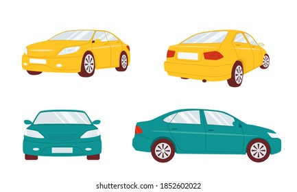 Set of cars front, side and back views. Vector sedan illustration isolated on white background