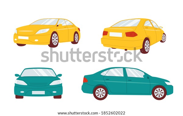 Set of cars front, side and\
back views. Vector sedan illustration isolated on white\
background