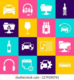 Set Cars, FTP sync refresh, Electric car, folder, Wine glass and upload icon. Vector