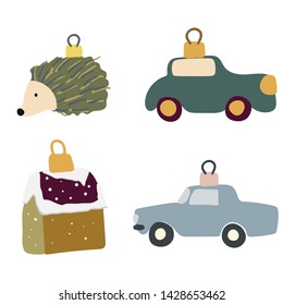 Set of cars, hedgehog and house Christmas tree toys color illustration. Hand drawn clipart. Flat style illustration. Greeting card, poster, design element. Vector