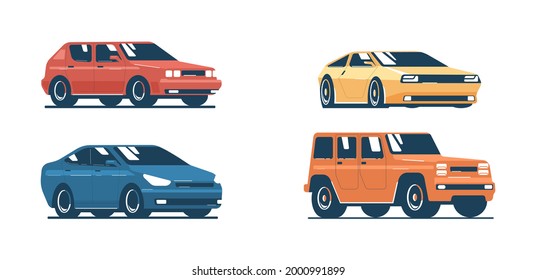 Set of cars. Includes hatchback, sedan, sport coupe and SUV. Vector flat illustration.