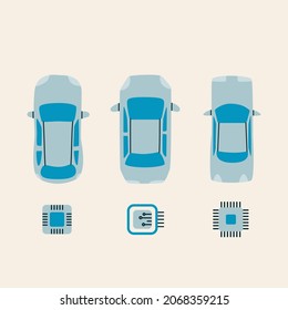 Set of cars with microchips. Car circuit board sign. Semiconductor and computer chip supply chain shortage. Vector flat illustration.