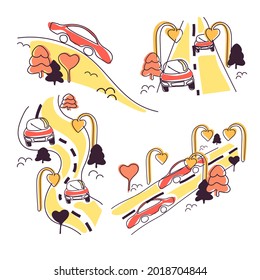 A set of cars on different roads. The vector is made in a flat style. Coral car on the yellow road. Small trees - Christmas trees. Lanterns in the form of hearts. Illustration.
