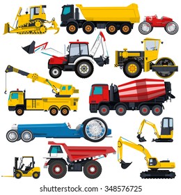 Set of cars on white background. Transportation big set. Heavy machine, vehicle, blue car, truck, digger, crane, forklift, small bagger, roller, extravator. Flatten isolated illustration vector.