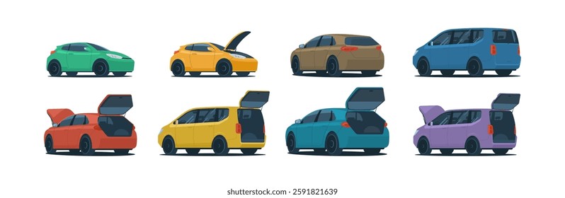 A set of cars with open trunks and hoods. Vector illustration.