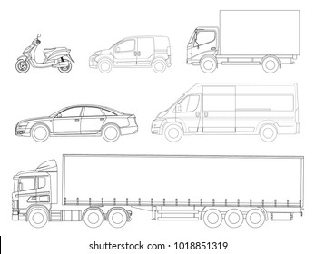 Set cars outline. Logistics transport. Side view truck trailer, Semi truck, cargo delivery, van, minivan and scooter. Blank Freight delivery trucks.