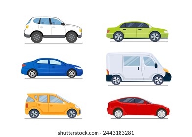 Juego de coches. Paquete de automóviles. Rojo y amarillo, suv verde. Transporte y vehículo. Transporte urbano de vida. Automóviles coloridos. Colección de vector plana de dibujos animados aislada sobre fondo blanco