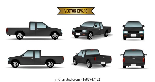 Set cars pickup mockup realistic black color isolate on the background. Ready to apply to your design. Vector illustration.