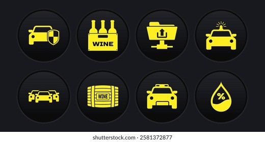 Set Cars, Police car and flasher, Wooden barrel for wine, , FTP folder upload and Bottles of box icon. Vector