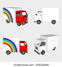 Set of cars with a rainbow. Delivery cargo truck. Vector illustration. 