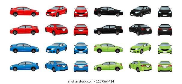 Set cars red black blue and green isolate on the background. Ready to apply to your design. Vector illustration.